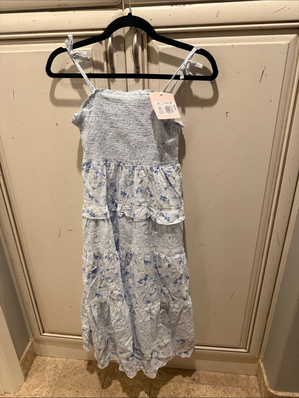 LoveShackFancy light blue and white floral tiered sundress
